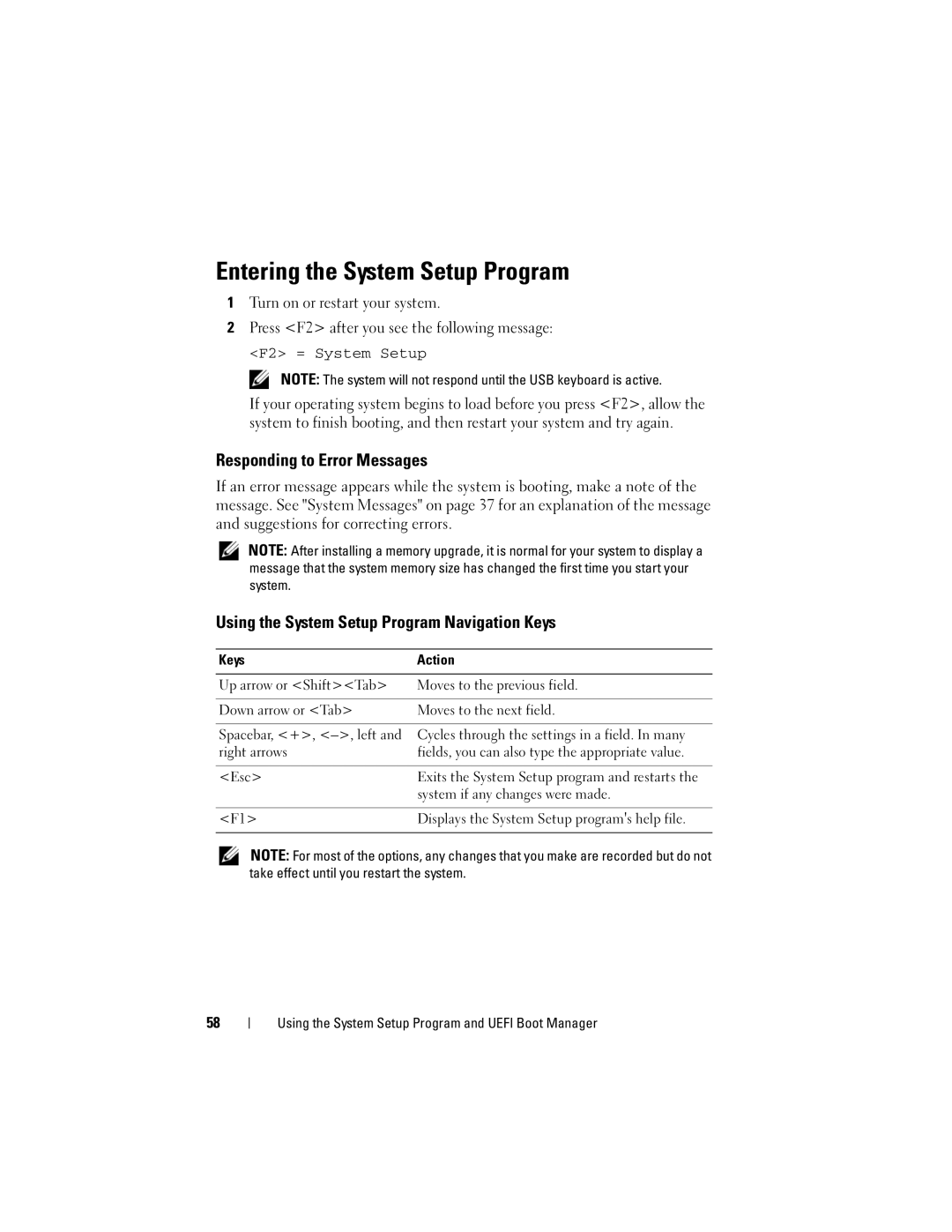 Dell R410 Entering the System Setup Program, Responding to Error Messages, Using the System Setup Program Navigation Keys 