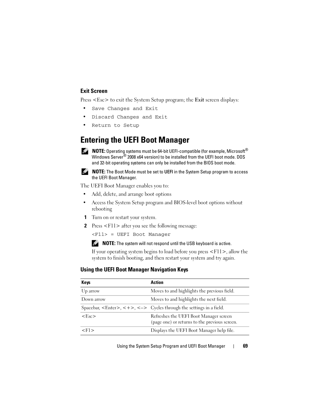 Dell R410 owner manual Entering the Uefi Boot Manager, Exit Screen, Using the Uefi Boot Manager Navigation Keys 