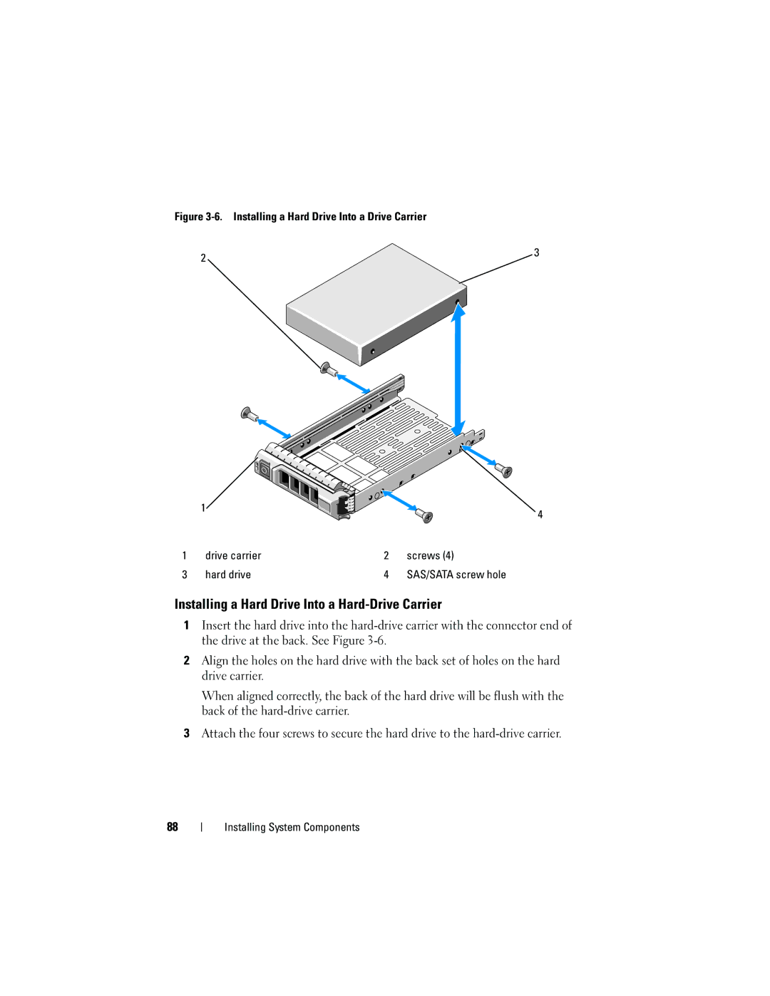 Dell R410 Installing a Hard Drive Into a Hard-Drive Carrier, Drive carrier Screws Hard drive SAS/SATA screw hole 