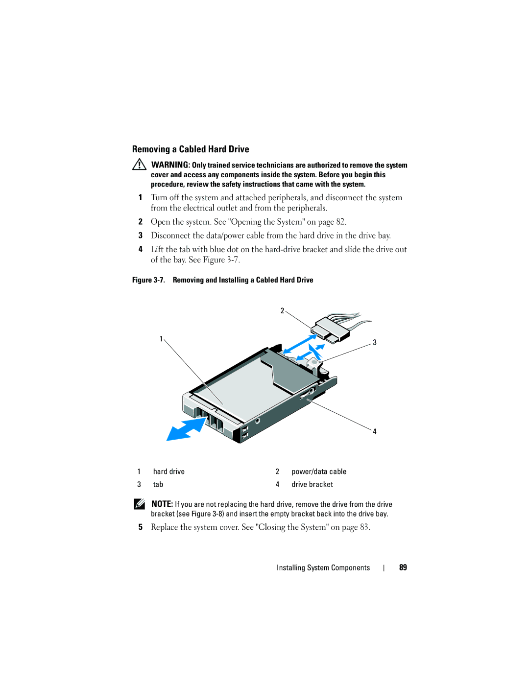 Dell R410 owner manual Removing a Cabled Hard Drive, Replace the system cover. See Closing the System on, Tab Drive bracket 