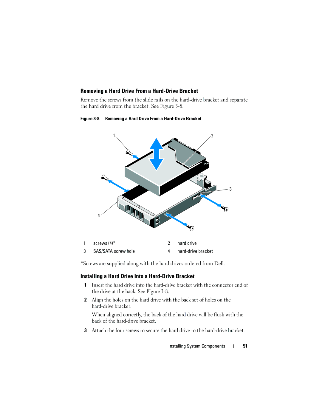 Dell R410 owner manual Removing a Hard Drive From a Hard-Drive Bracket, Installing a Hard Drive Into a Hard-Drive Bracket 