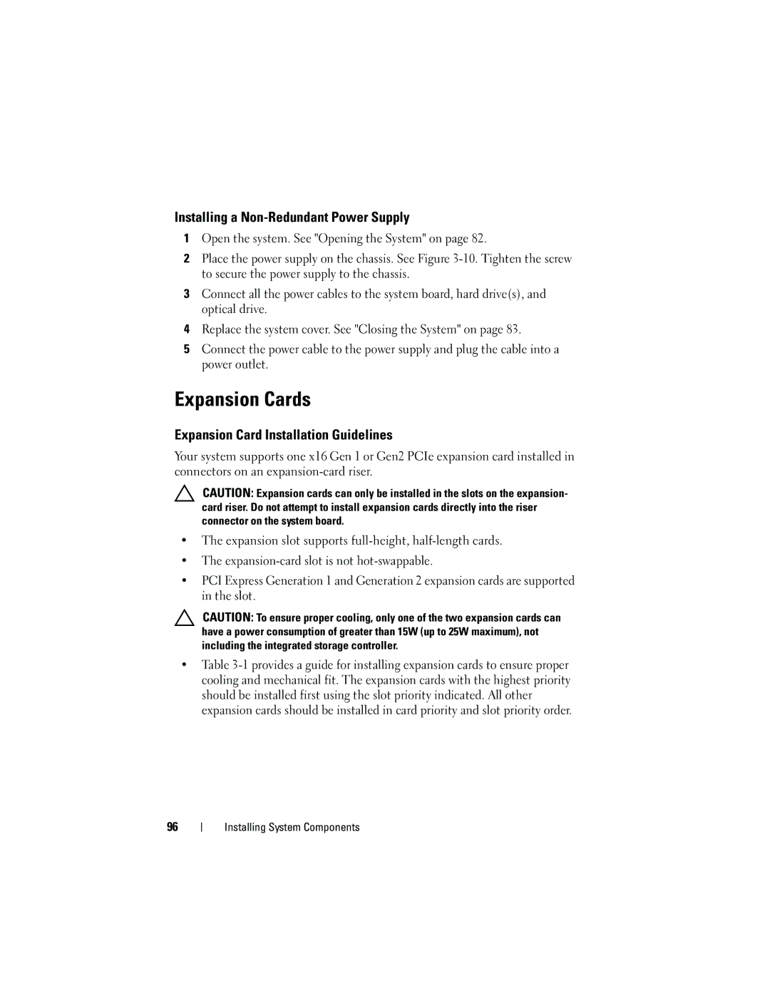 Dell R410 owner manual Expansion Cards, Installing a Non-Redundant Power Supply, Expansion Card Installation Guidelines 