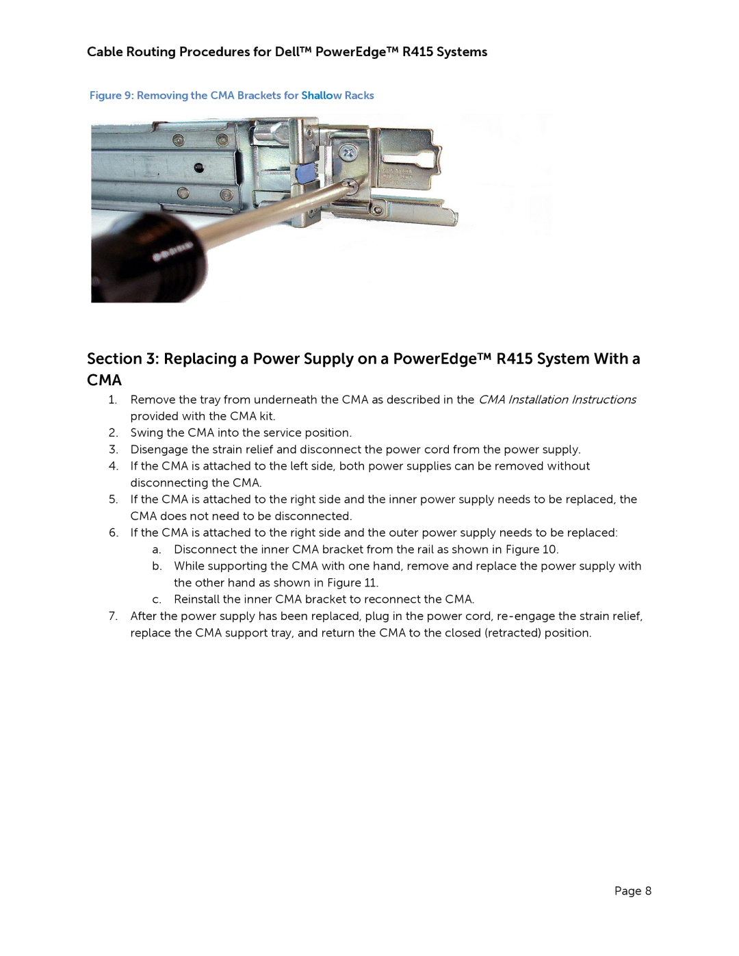 Dell manual Replacing a Power Supply on a PowerEdge R415 System With a, Cma 