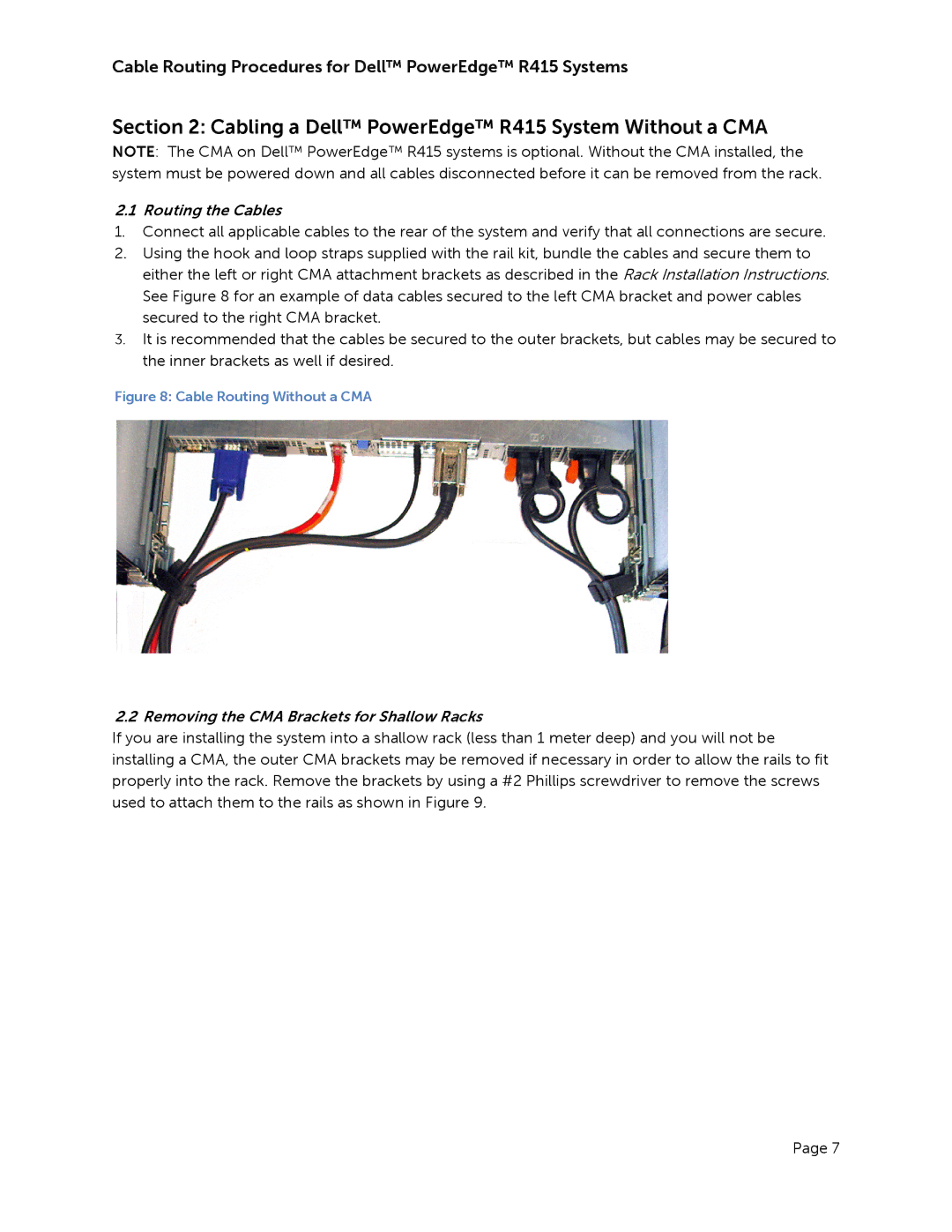 Dell manual Cabling a Dell PowerEdge R415 System Without a CMA, Routing the Cables 