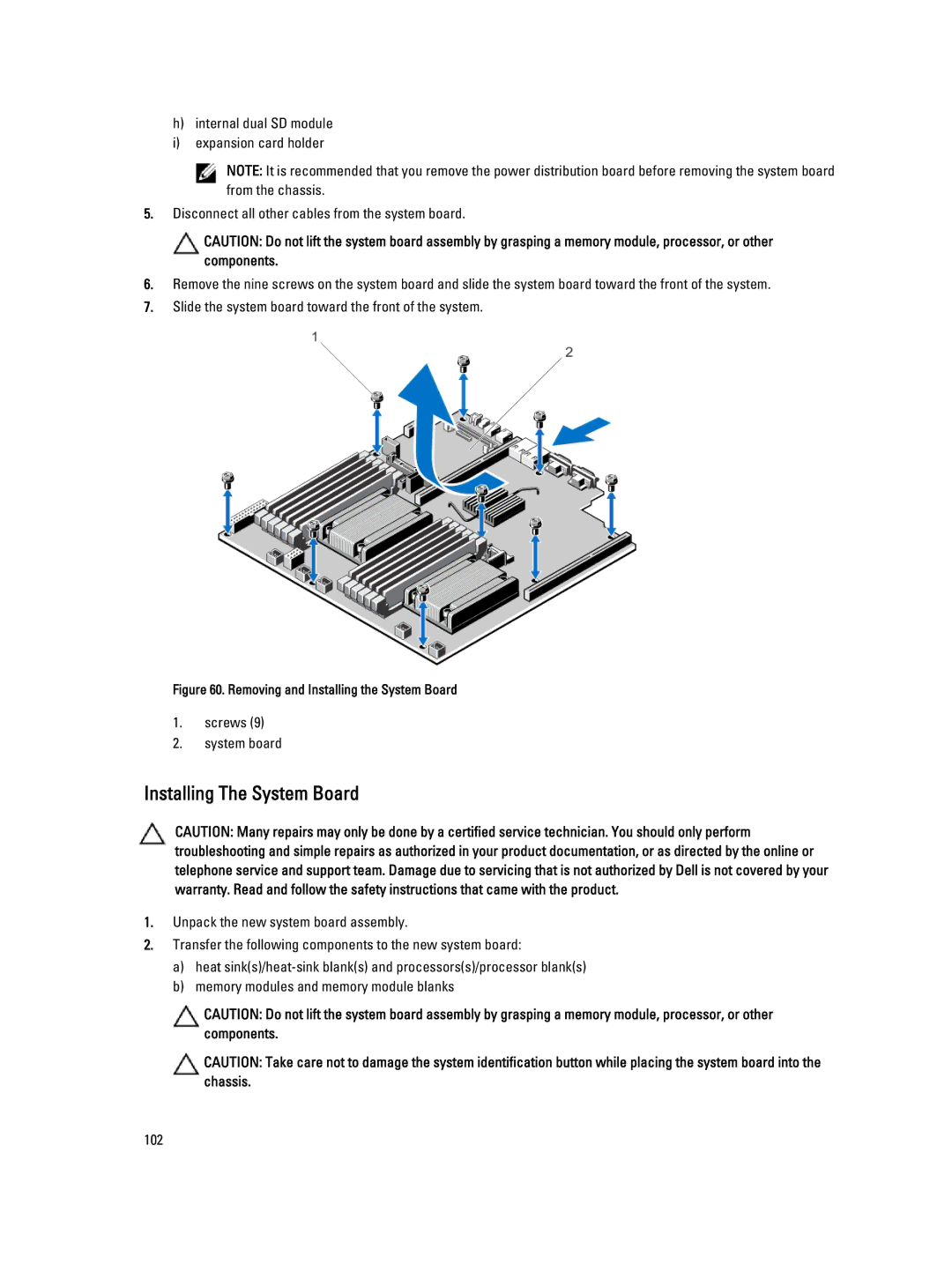 Dell R420, E18S001 owner manual Installing The System Board, Removing and Installing the System Board 