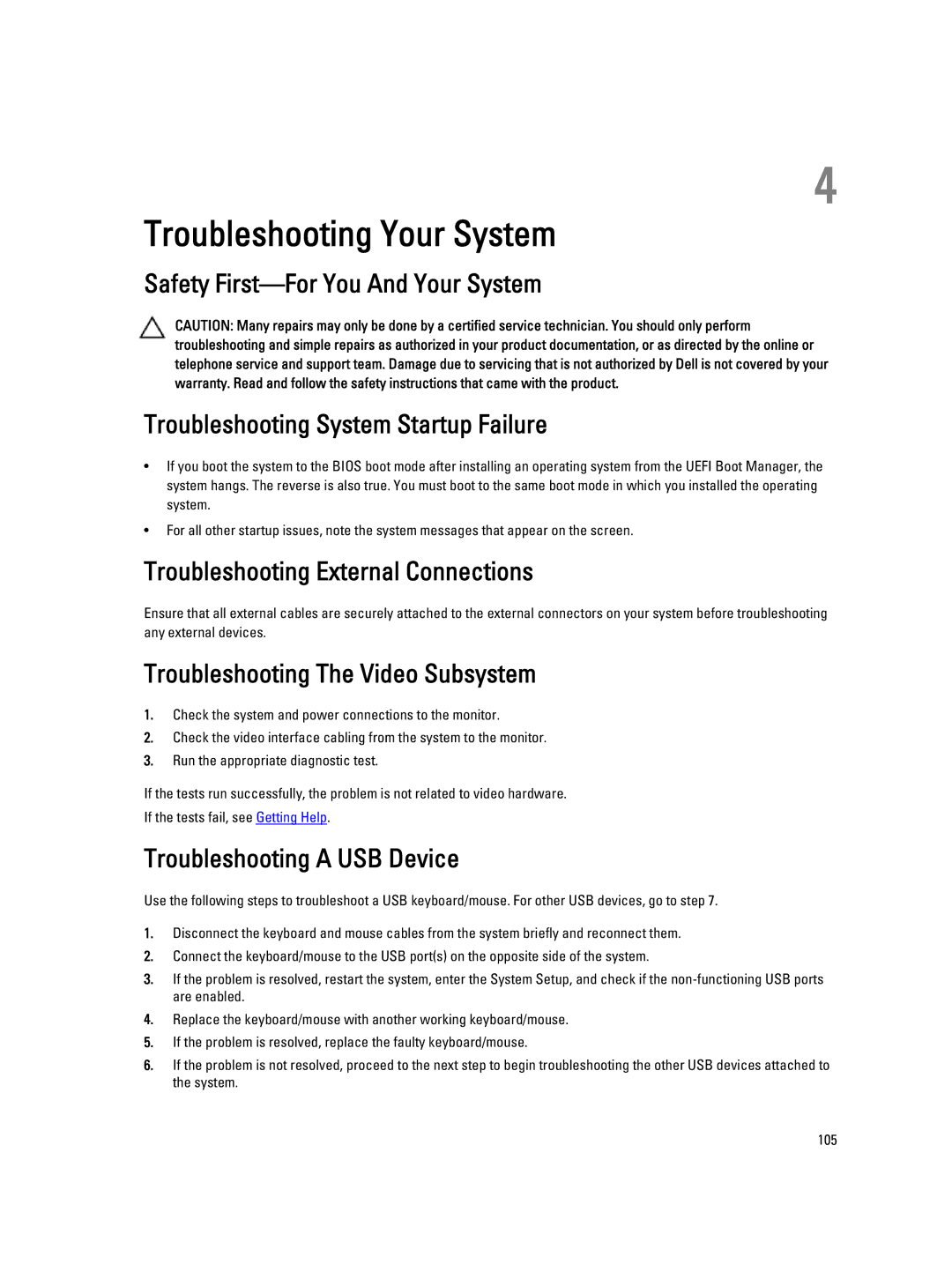 Dell R420, E18S Troubleshooting External Connections, Troubleshooting The Video Subsystem, Troubleshooting a USB Device 