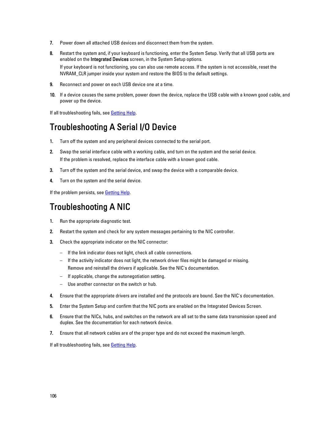 Dell R420, E18S001 owner manual Troubleshooting a Serial I/O Device, Troubleshooting a NIC 