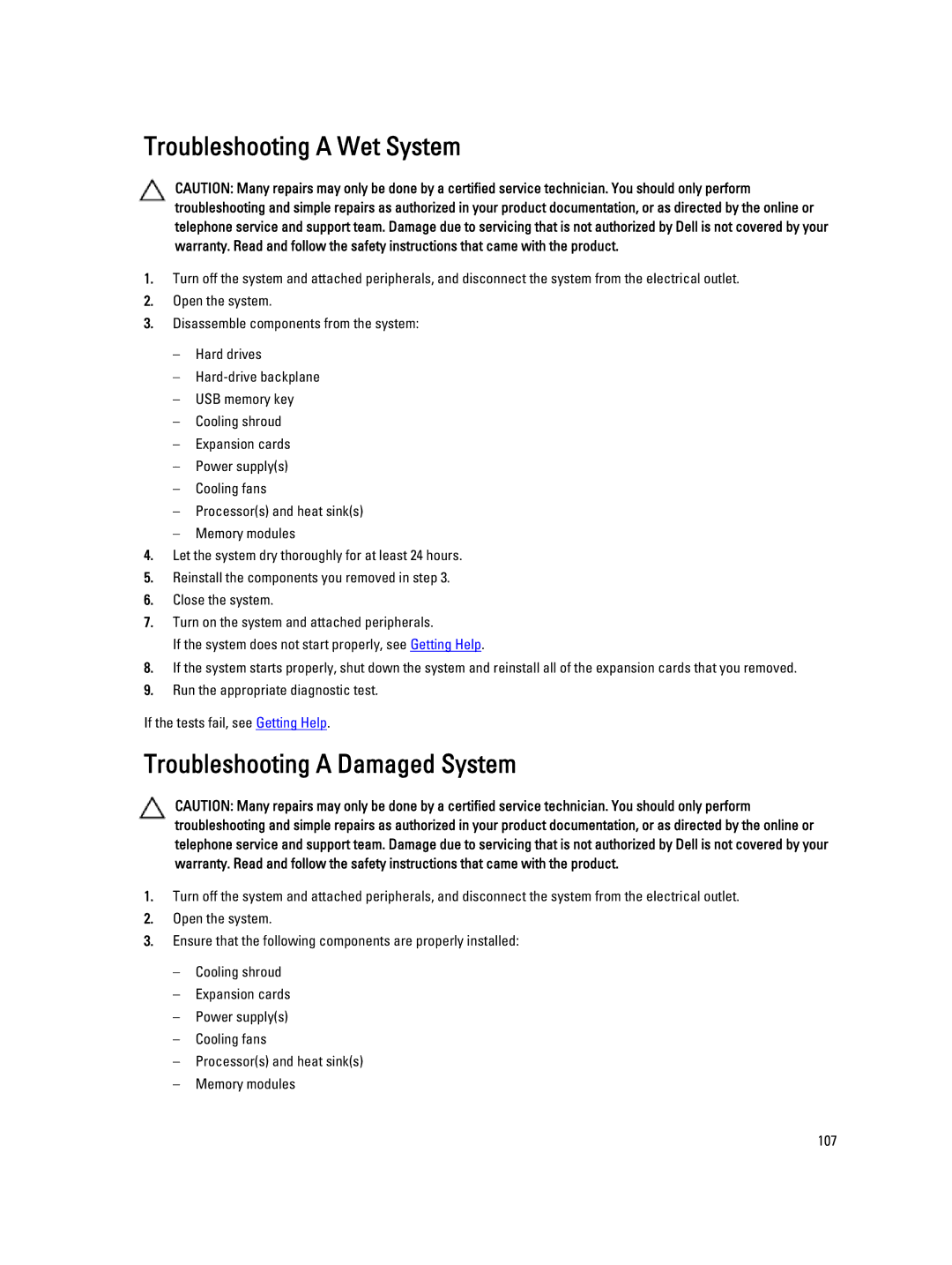 Dell E18S001, R420 owner manual Troubleshooting a Wet System, Troubleshooting a Damaged System 