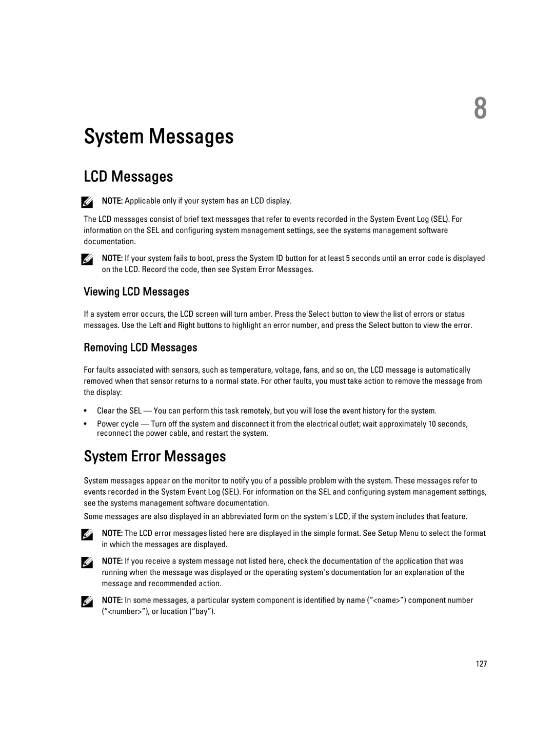 Dell R420, E18S001 owner manual System Error Messages, Viewing LCD Messages, Removing LCD Messages 