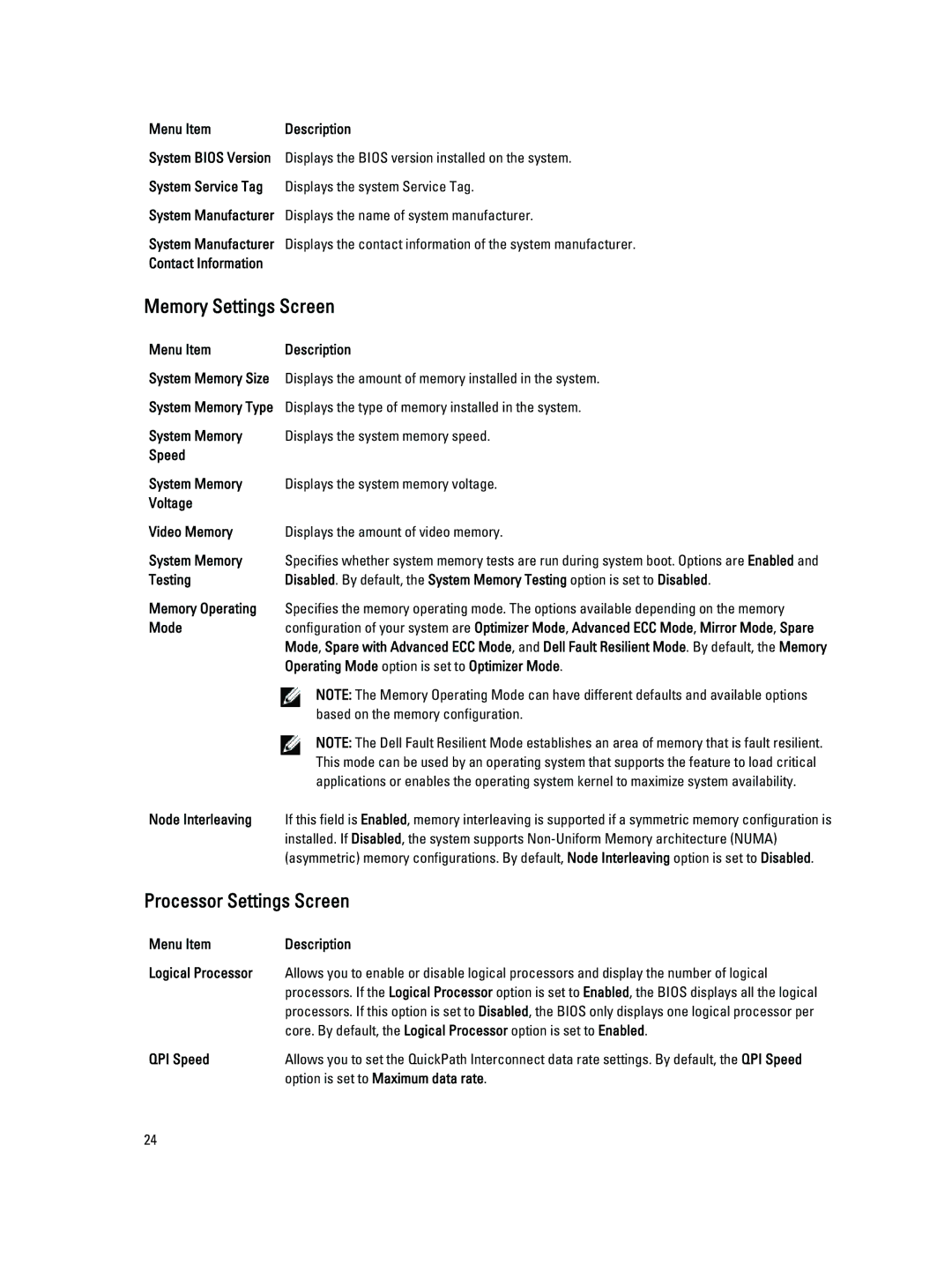 Dell R420, E18S001 owner manual Memory Settings Screen, Processor Settings Screen 