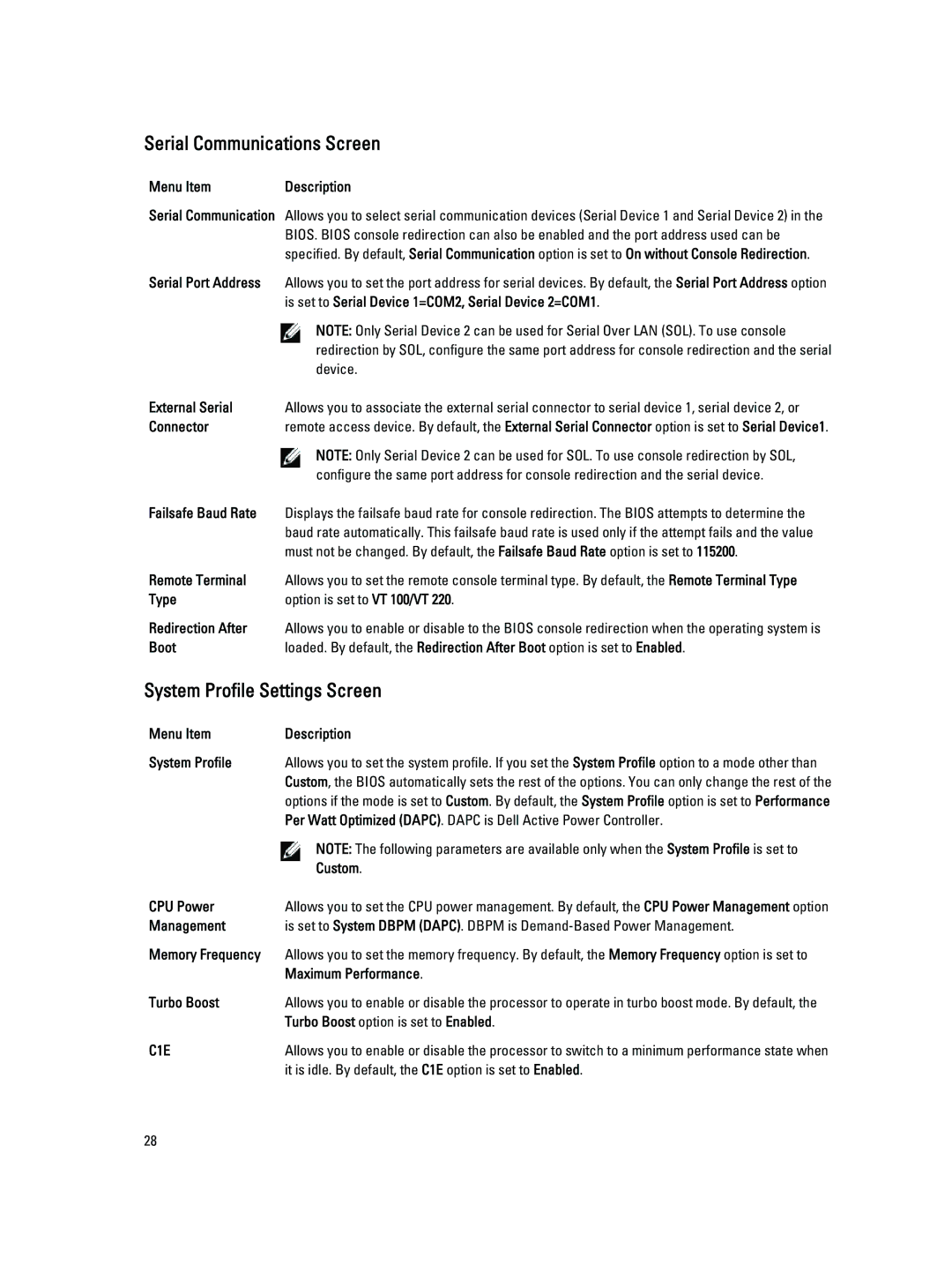 Dell R420, E18S001 owner manual Serial Communications Screen, System Profile Settings Screen 