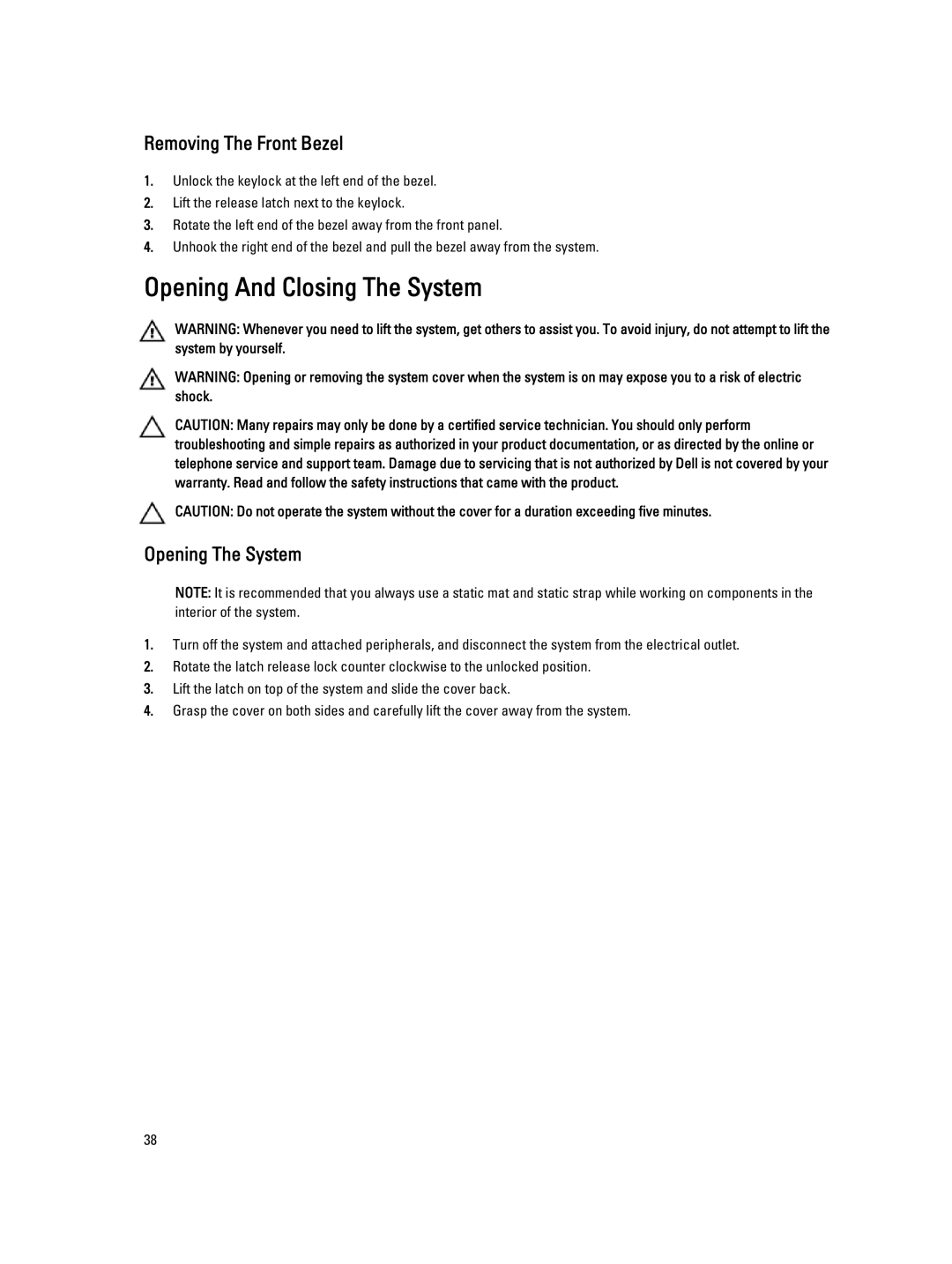 Dell E18S001, R420 owner manual Opening And Closing The System, Removing The Front Bezel, Opening The System 