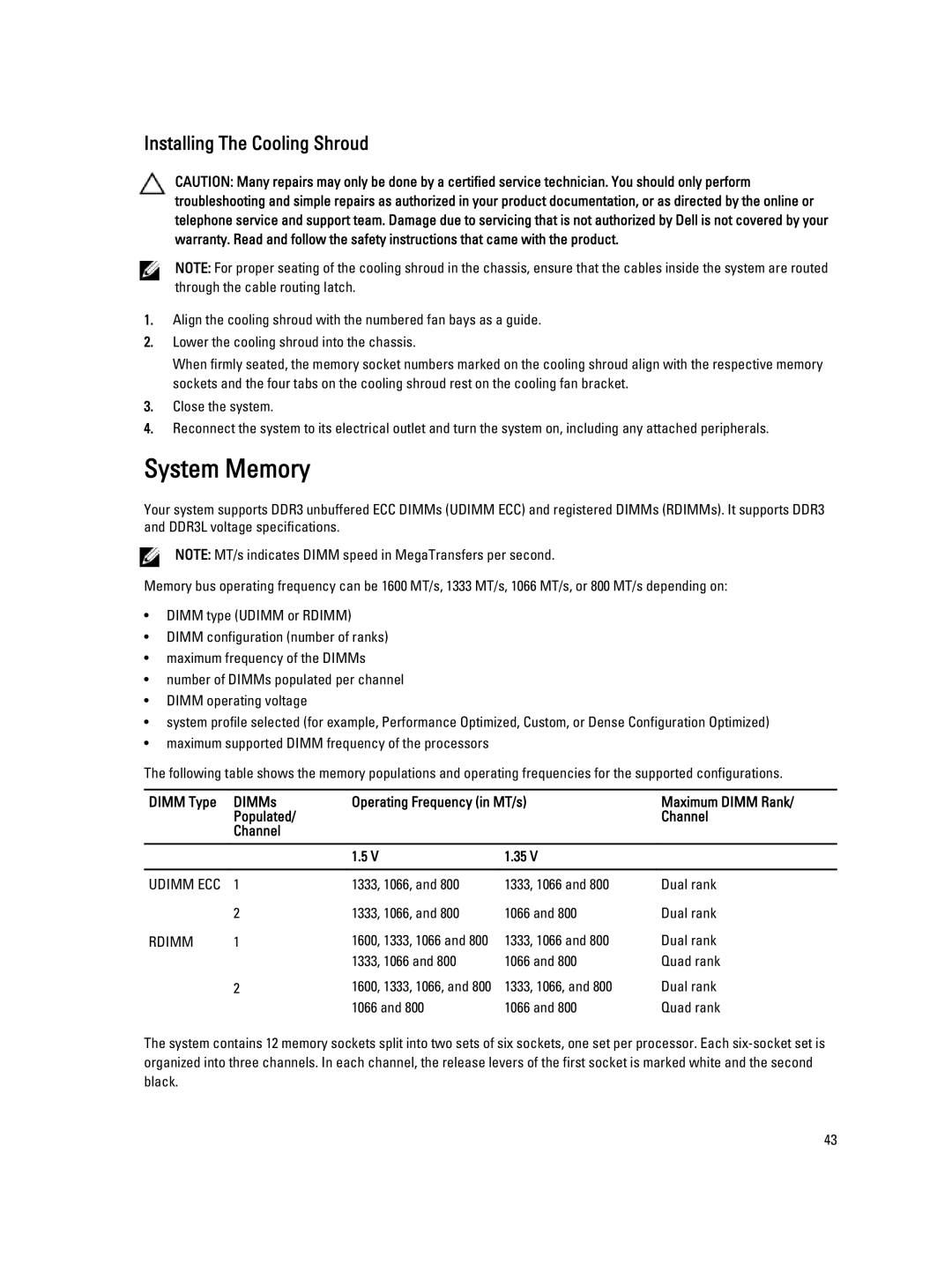 Dell R420, E18S001 owner manual System Memory, Installing The Cooling Shroud 