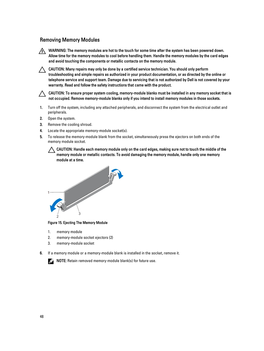 Dell R420, E18S001 owner manual Removing Memory Modules, Ejecting The Memory Module 