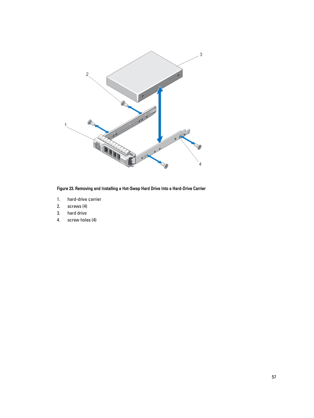 Dell R420, E18S001 owner manual Hard-drive carrier Screws Hard drive Screw holes 