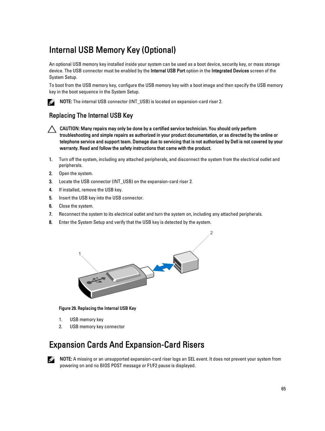 Dell E18S001 Internal USB Memory Key Optional, Expansion Cards And Expansion-Card Risers, Replacing The Internal USB Key 