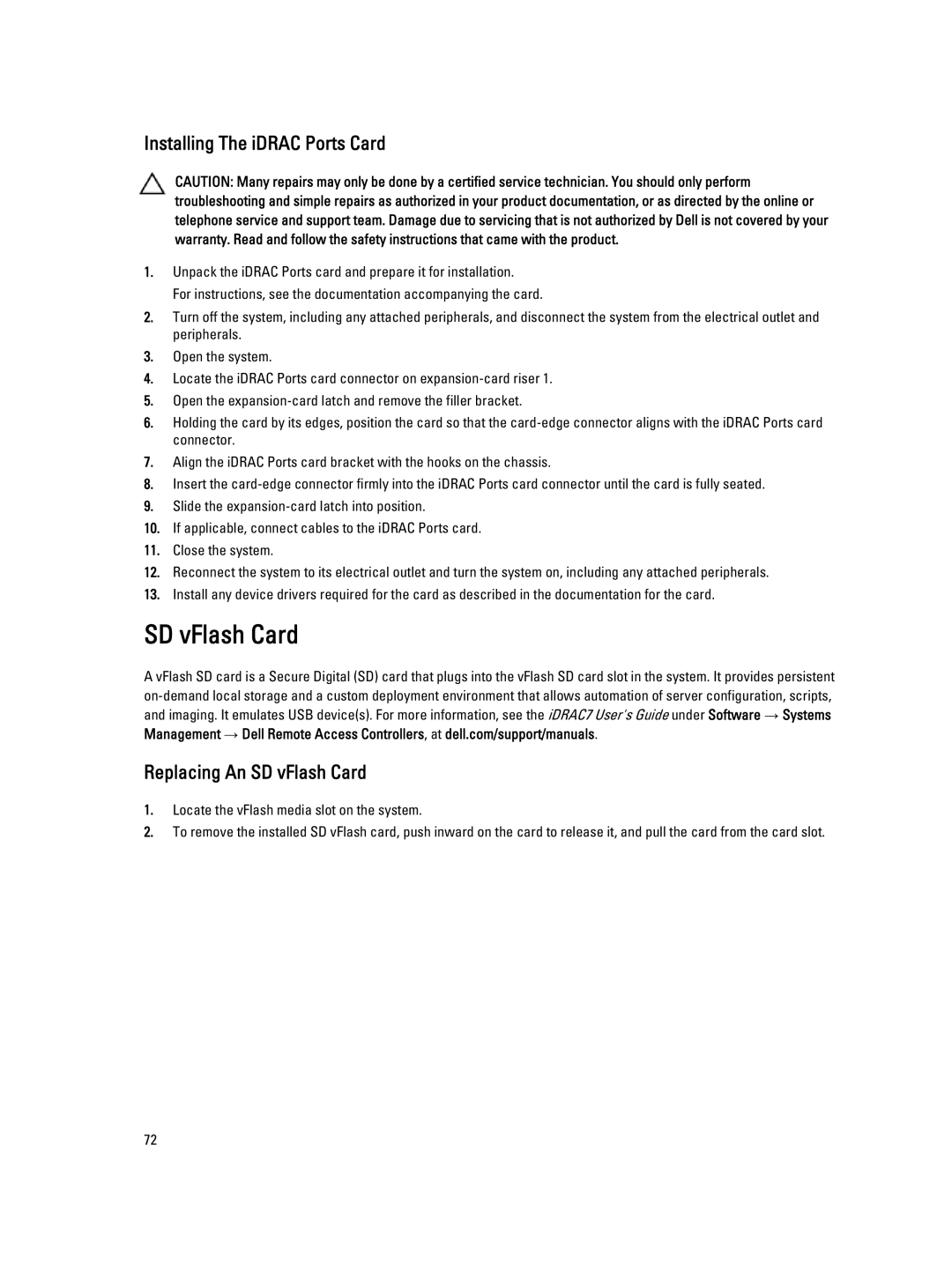 Dell R420, E18S001 owner manual Installing The iDRAC Ports Card, Replacing An SD vFlash Card 