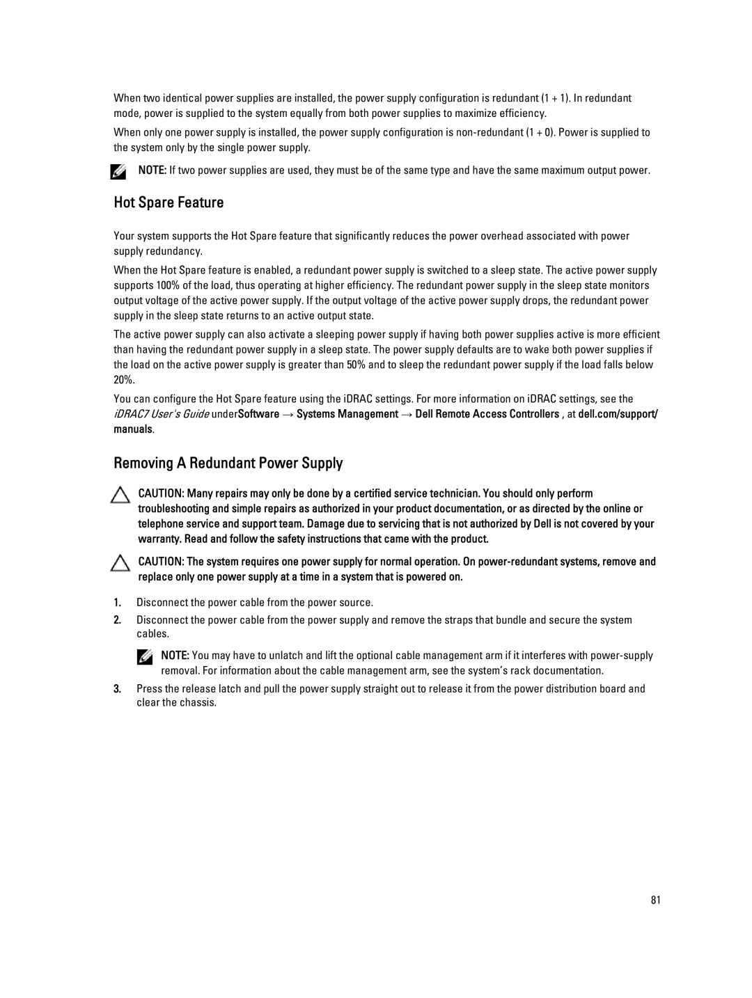 Dell R420, E18S001 owner manual Hot Spare Feature, Removing a Redundant Power Supply 