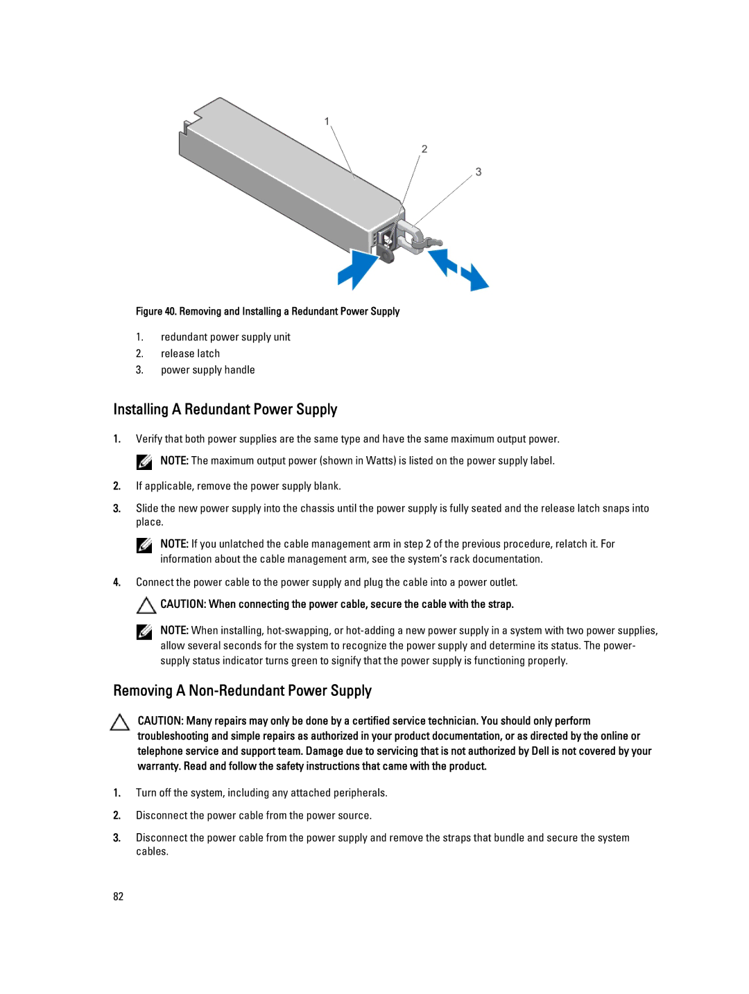 Dell R420, E18S001 owner manual Installing a Redundant Power Supply, Removing a Non-Redundant Power Supply 