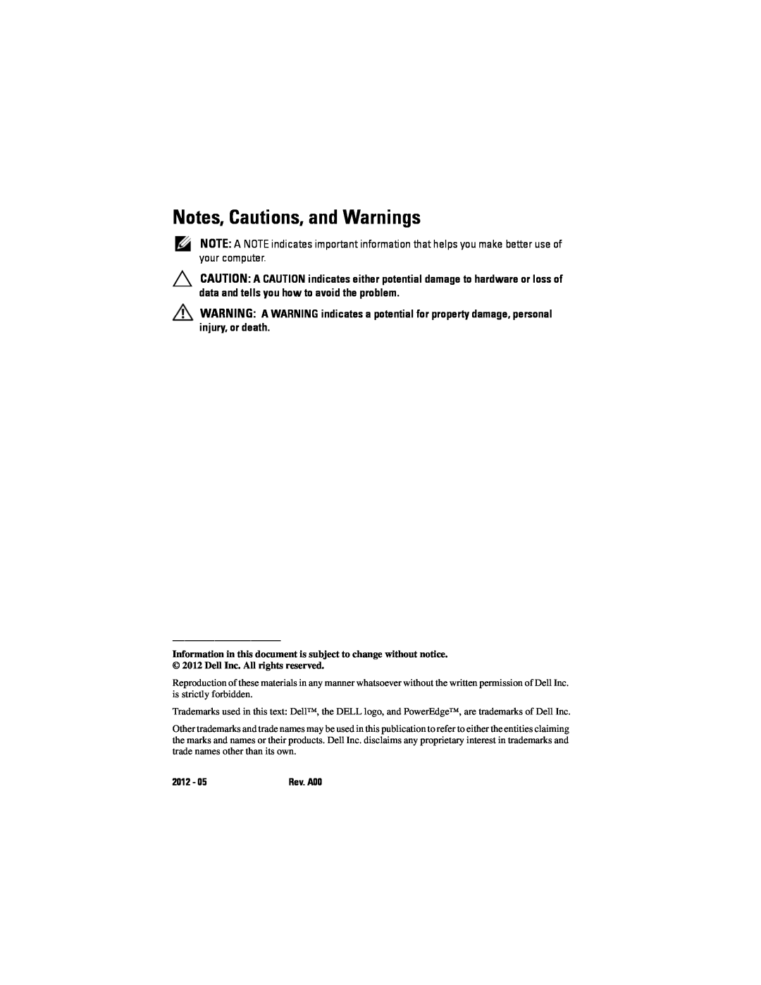 Dell R420 manual Notes, Cautions, and Warnings, 2012, Rev. A00 