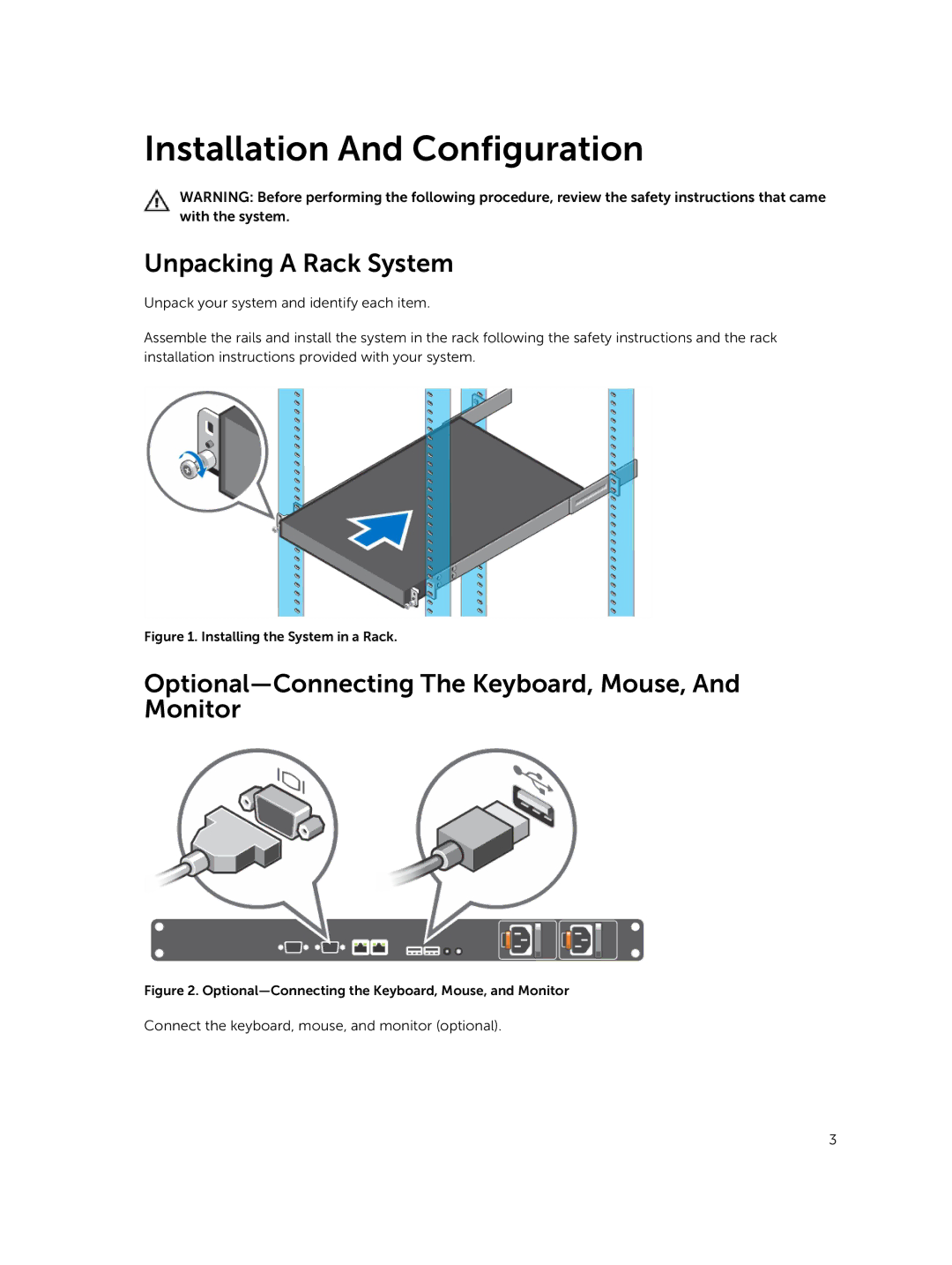 Dell R420xr manual Unpacking a Rack System, Optional-Connecting The Keyboard, Mouse, And Monitor 