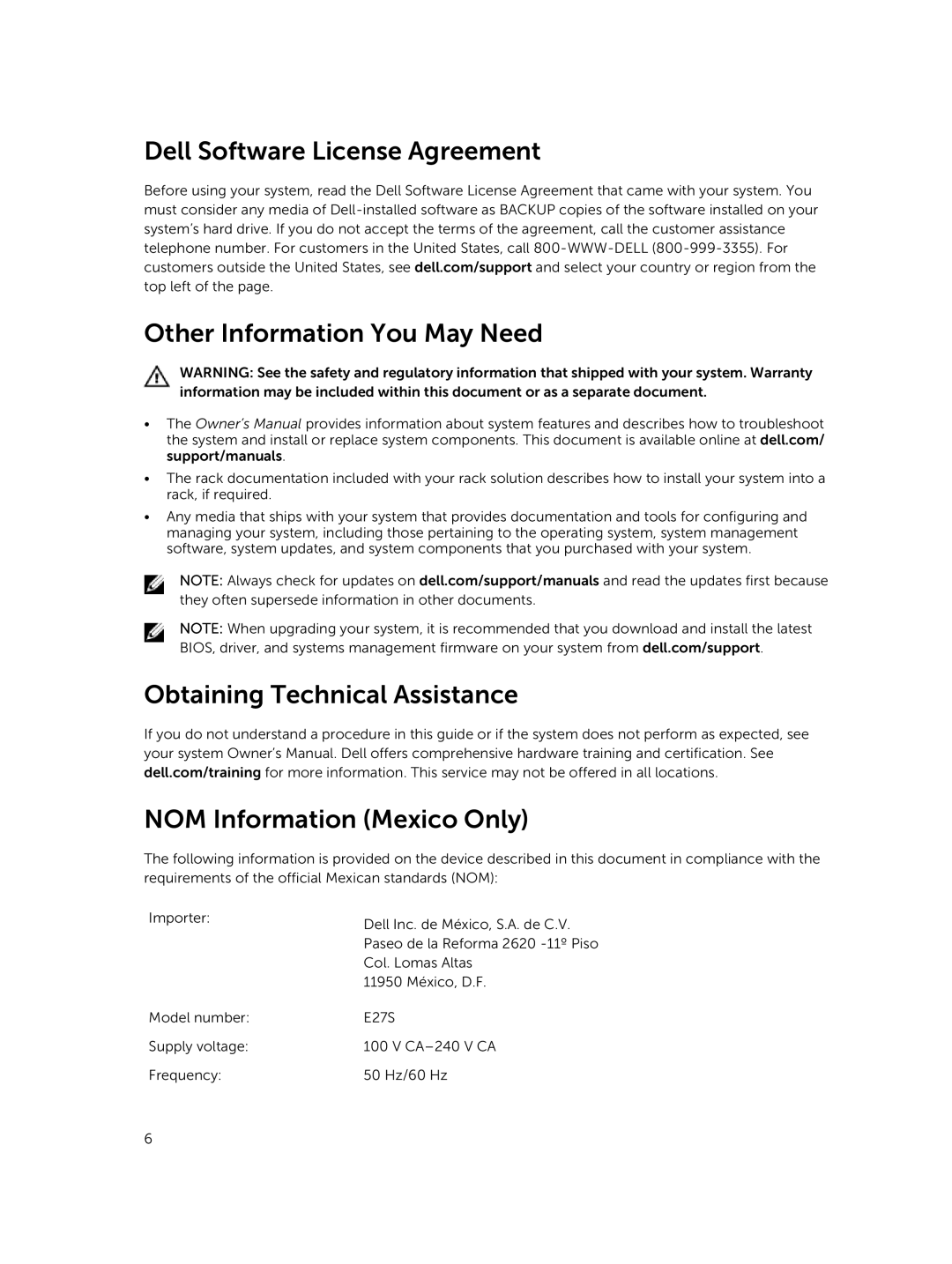 Dell R420xr manual Obtaining Technical Assistance NOM Information Mexico Only 