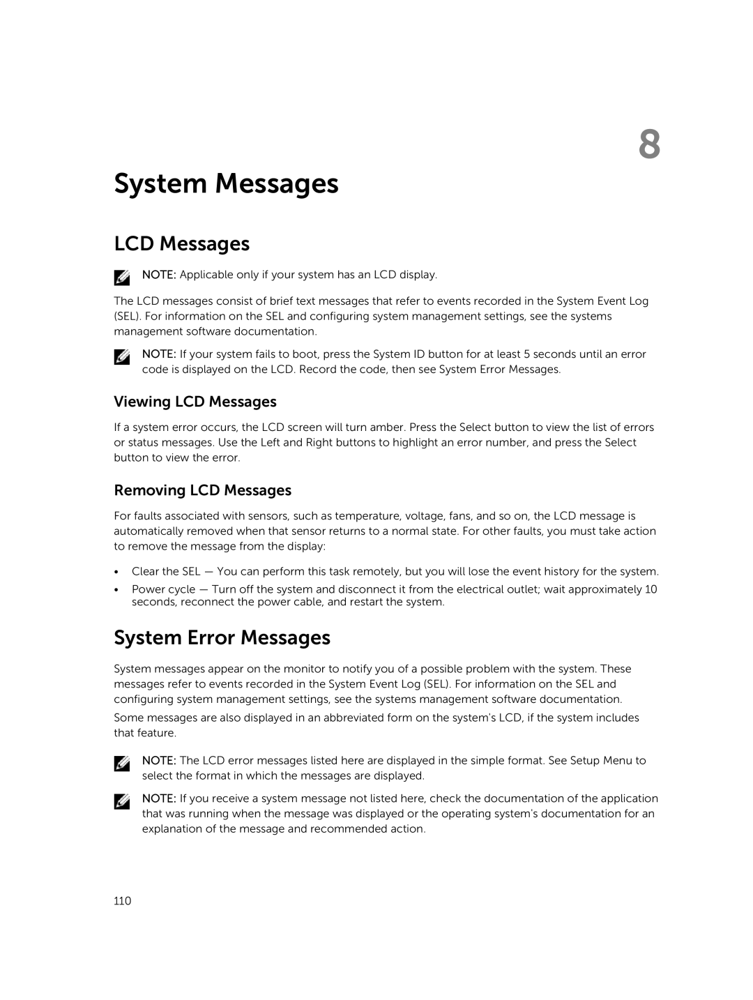 Dell R420xr owner manual System Error Messages, Viewing LCD Messages, Removing LCD Messages 