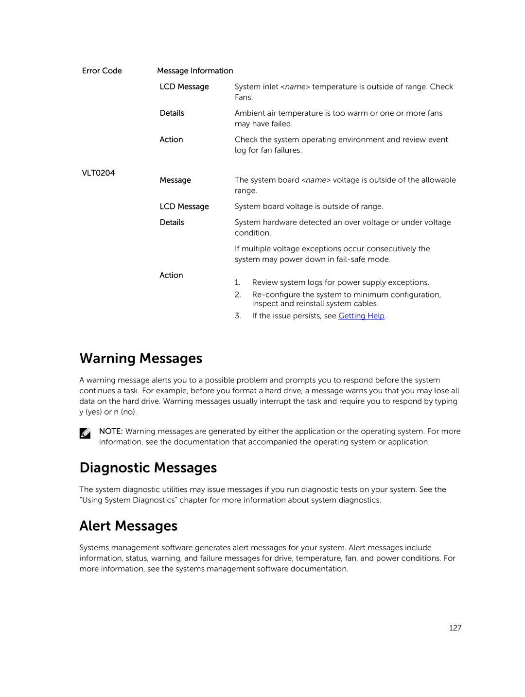 Dell R420xr owner manual Diagnostic Messages, Alert Messages, VLT0204 Message 