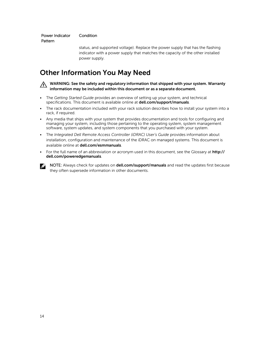 Dell R420xr owner manual Other Information You May Need, Power Indicator Condition Pattern, Power supply 