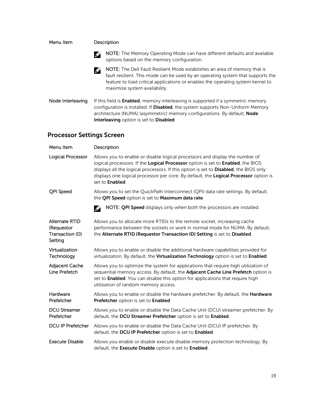 Dell R420xr owner manual Processor Settings Screen 