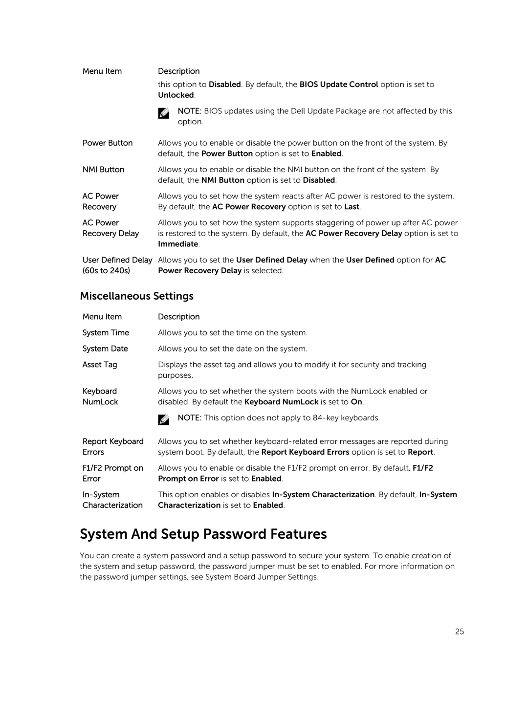 Dell R420xr owner manual System And Setup Password Features, Miscellaneous Settings 