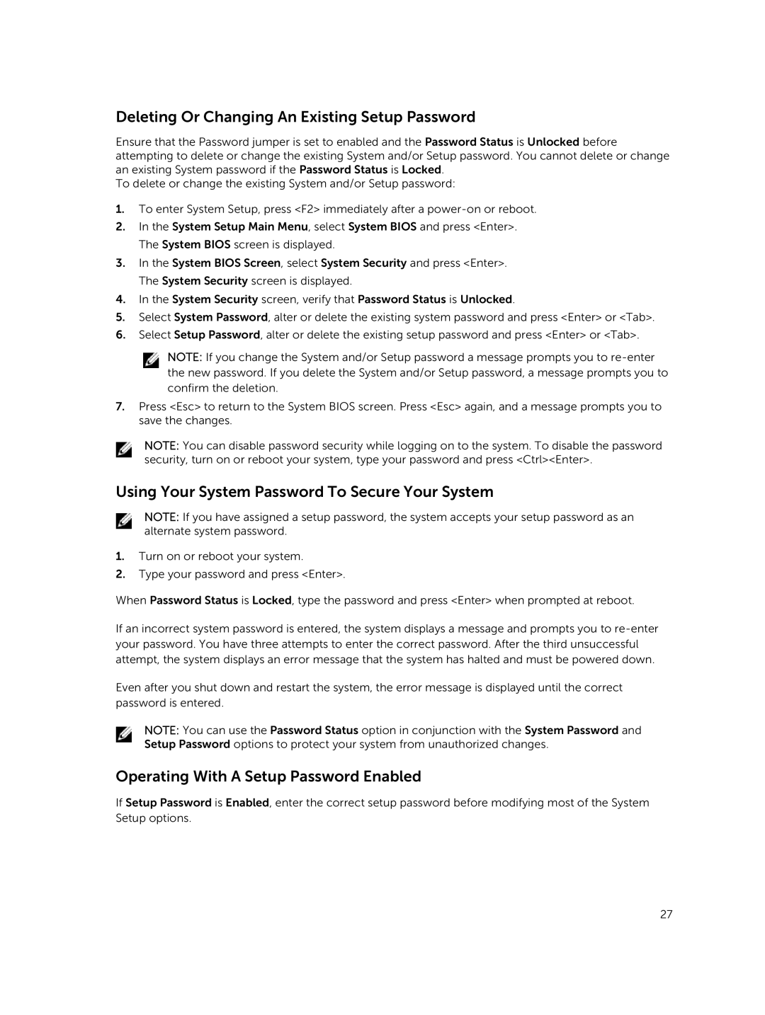 Dell R420xr owner manual Deleting Or Changing An Existing Setup Password, Using Your System Password To Secure Your System 