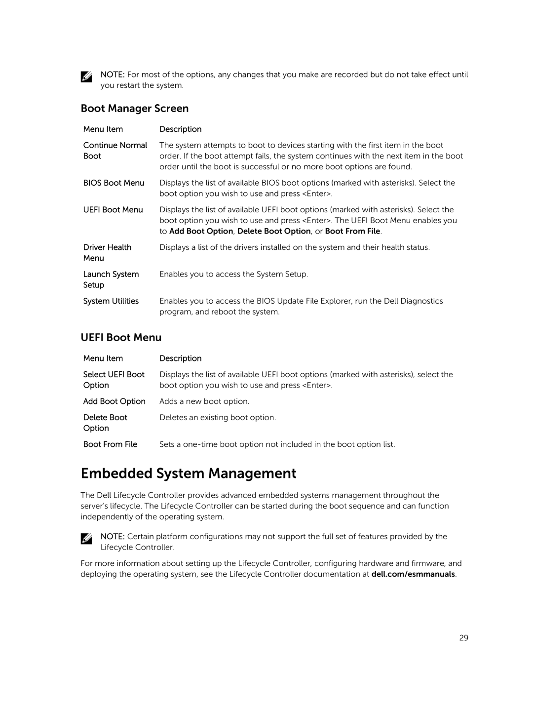 Dell R420xr Embedded System Management, Boot Manager Screen, Uefi Boot Menu, Menu Item Description Select Uefi Boot 