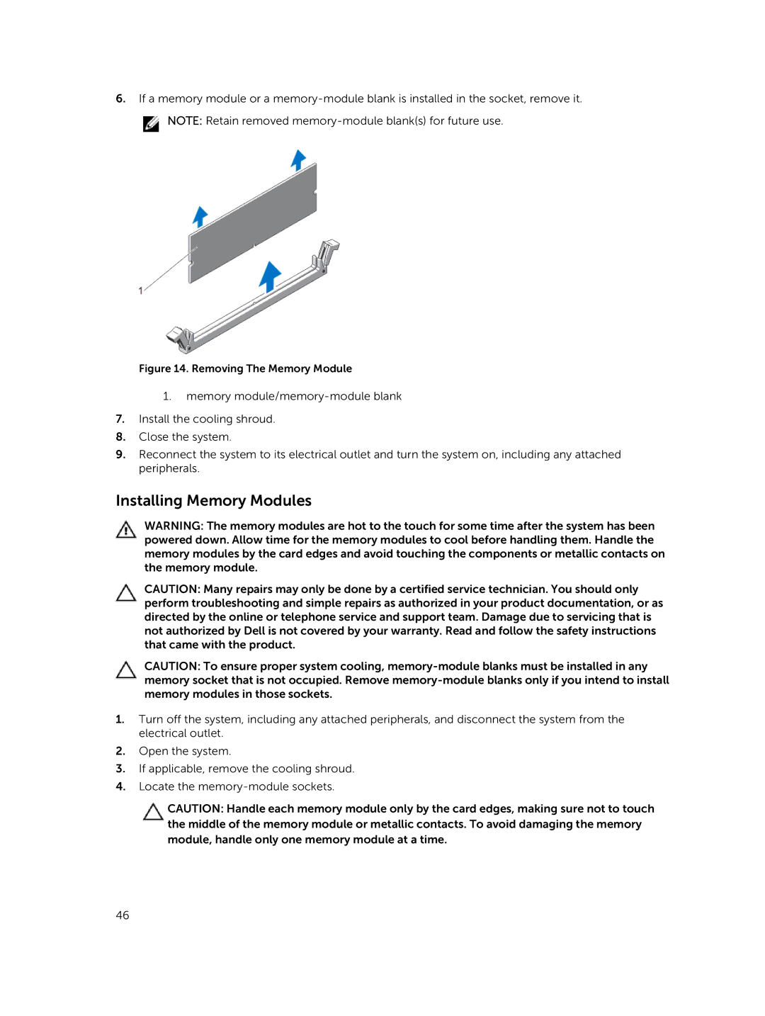 Dell R420xr owner manual Installing Memory Modules, Removing The Memory Module 