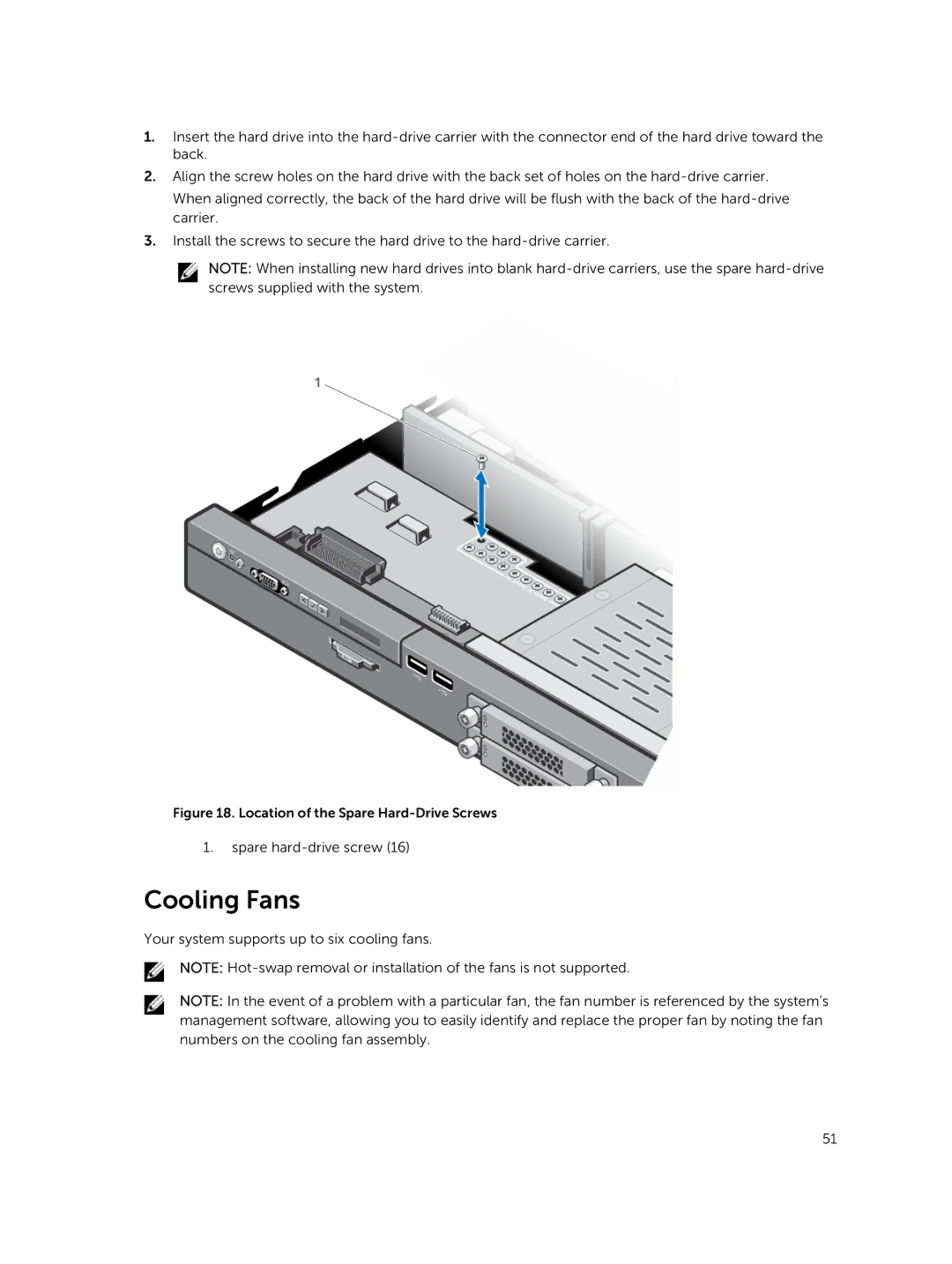 Dell R420xr owner manual Cooling Fans, Location of the Spare Hard-Drive Screws 