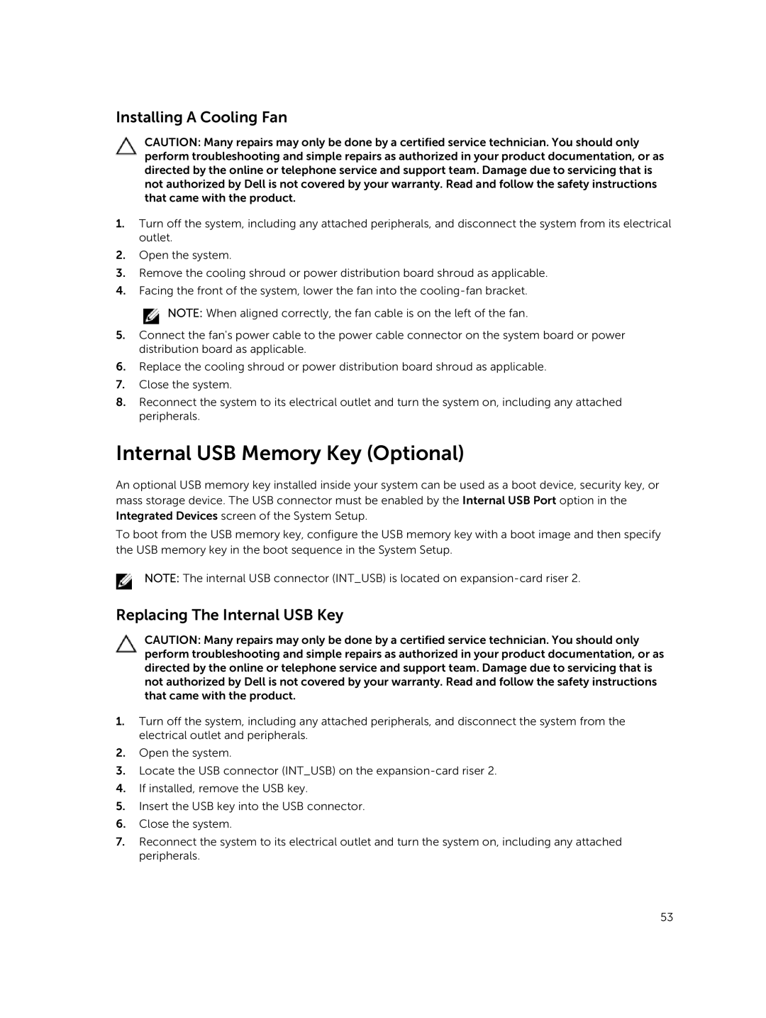 Dell R420xr owner manual Internal USB Memory Key Optional, Installing a Cooling Fan, Replacing The Internal USB Key 