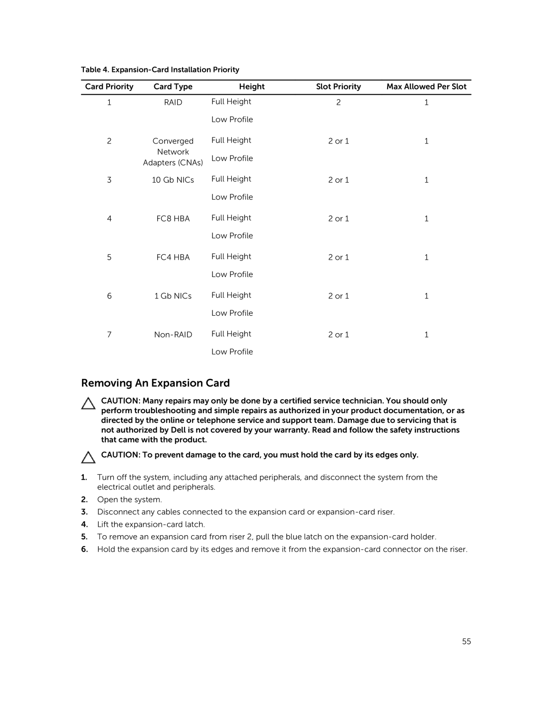 Dell R420xr owner manual Removing An Expansion Card 