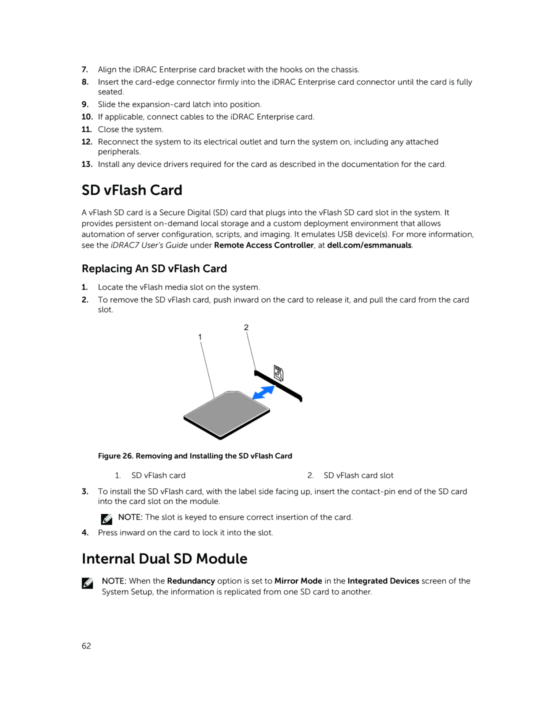 Dell R420xr owner manual Internal Dual SD Module, Replacing An SD vFlash Card 