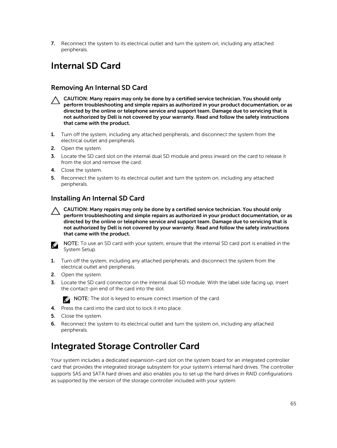 Dell R420xr Integrated Storage Controller Card, Removing An Internal SD Card, Installing An Internal SD Card 