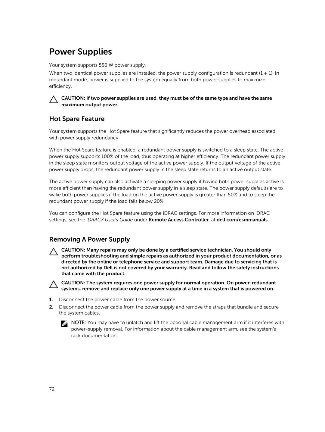 Dell R420xr owner manual Power Supplies, Hot Spare Feature, Removing a Power Supply 