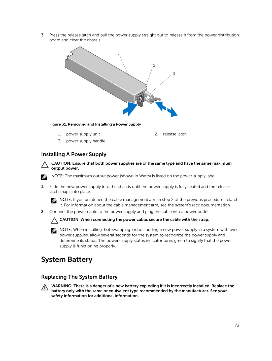 Dell R420xr owner manual Installing a Power Supply, Replacing The System Battery 