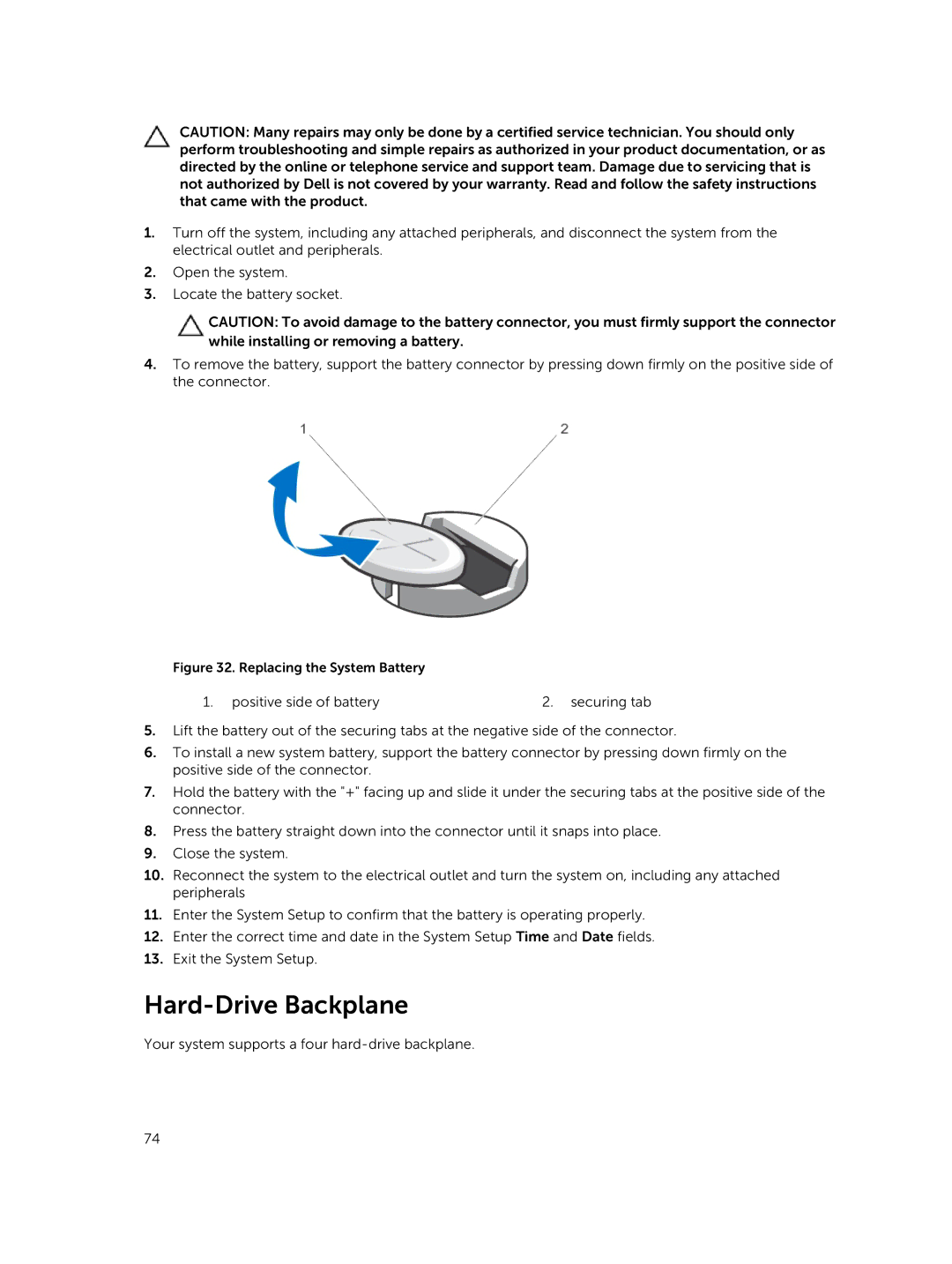 Dell R420xr owner manual Hard-Drive Backplane, Replacing the System Battery 