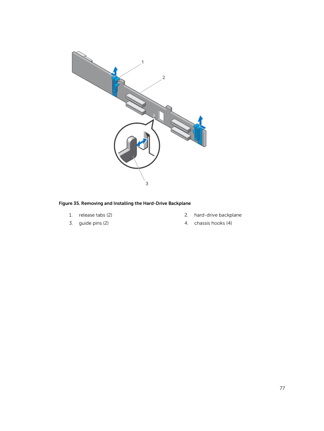 Dell R420xr owner manual Release tabs Hard-drive backplane Guide pins Chassis hooks 