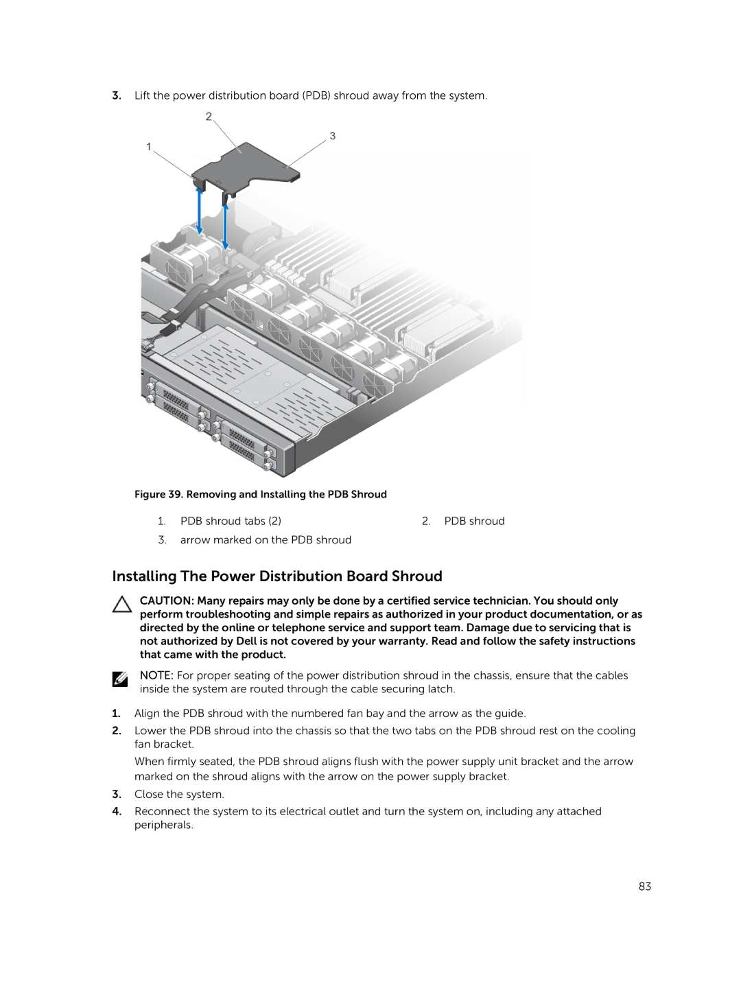 Dell R420xr owner manual Installing The Power Distribution Board Shroud, Removing and Installing the PDB Shroud 