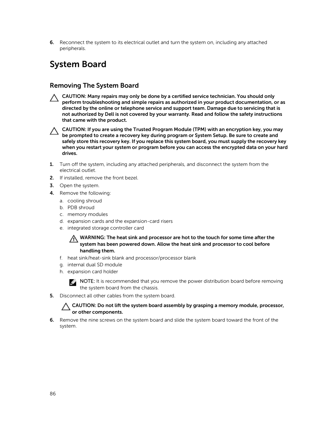 Dell R420xr owner manual Removing The System Board 