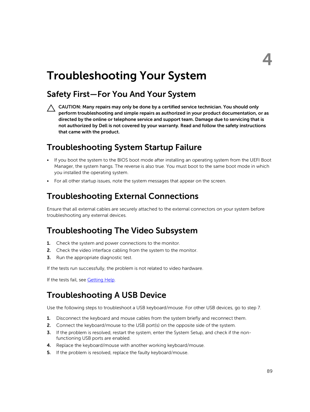 Dell R420xr Troubleshooting External Connections, Troubleshooting The Video Subsystem, Troubleshooting a USB Device 