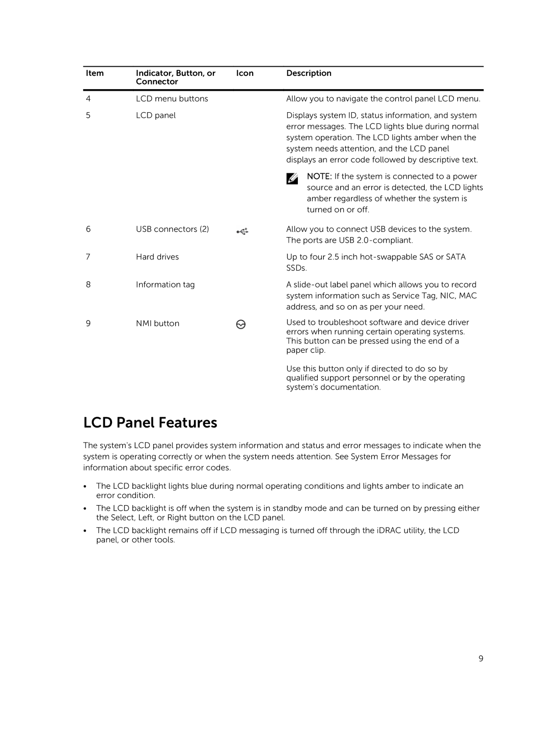 Dell R420xr owner manual LCD Panel Features 