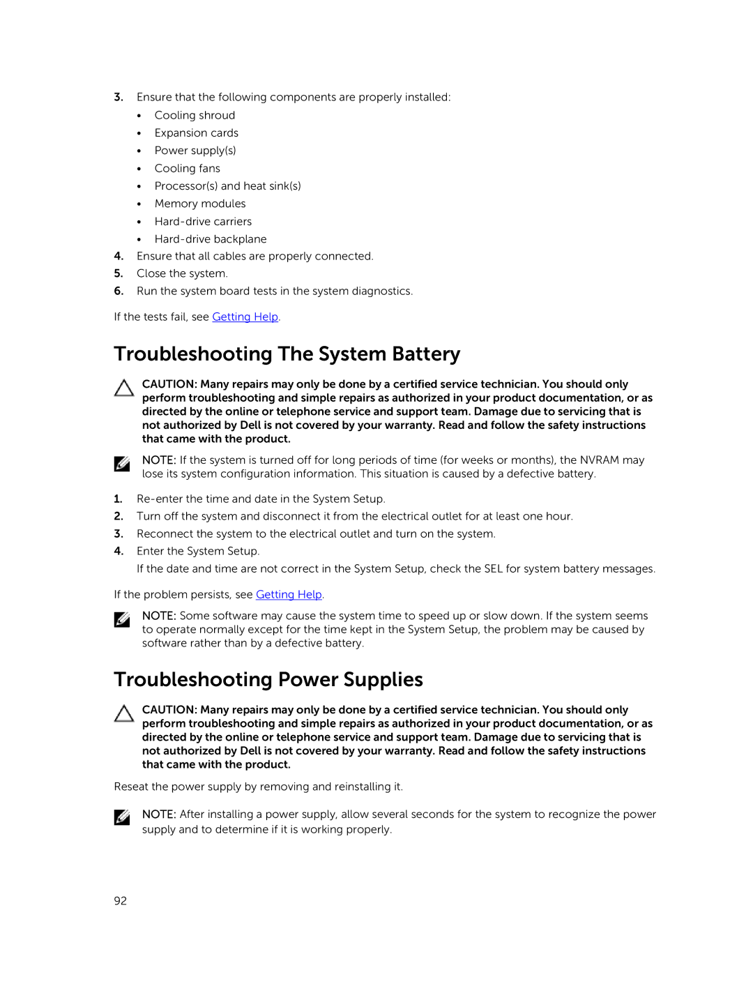 Dell R420xr owner manual Troubleshooting The System Battery, Troubleshooting Power Supplies 