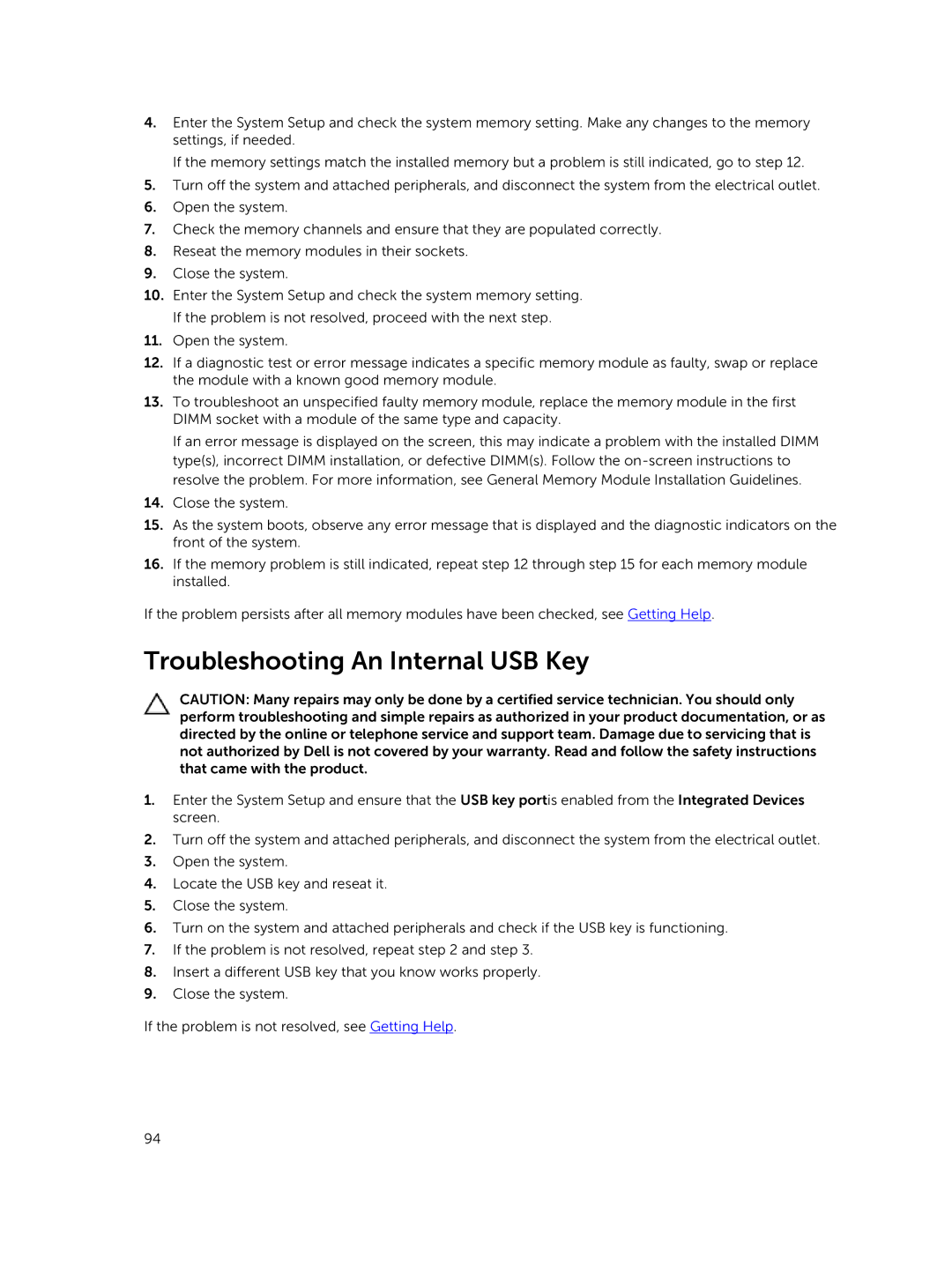 Dell R420xr owner manual Troubleshooting An Internal USB Key 