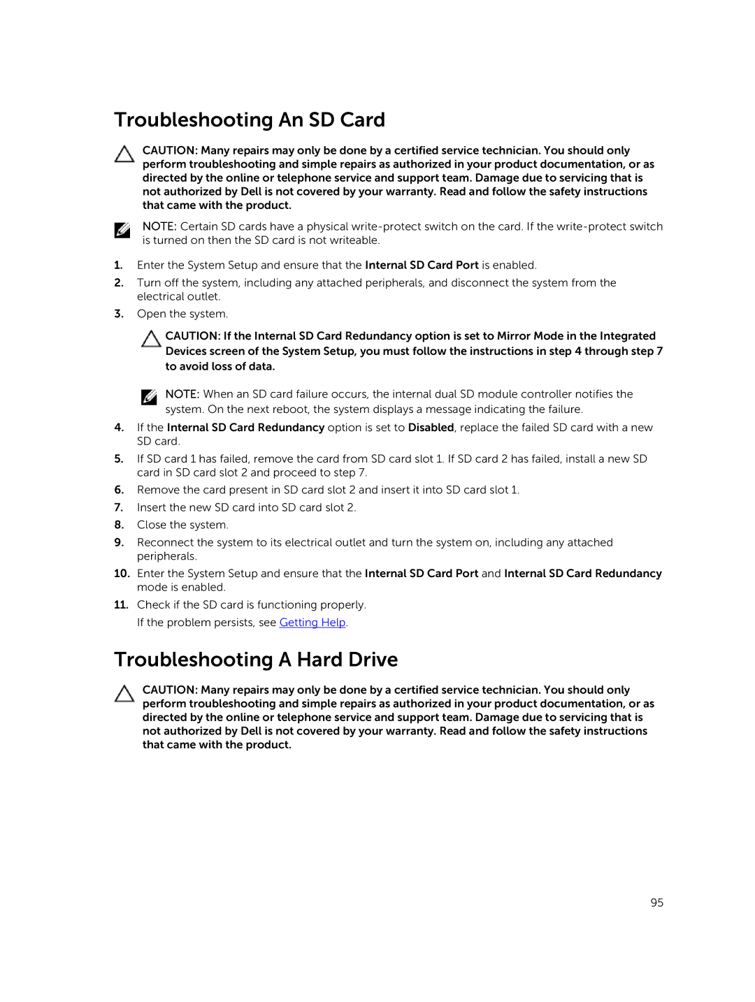 Dell R420xr owner manual Troubleshooting An SD Card, Troubleshooting a Hard Drive 